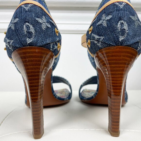 Vintage Louis Vuitton Blue Denim Monogram Heels | Unique Patchwork | S 38.5 EUC - Picture 7 of 14
